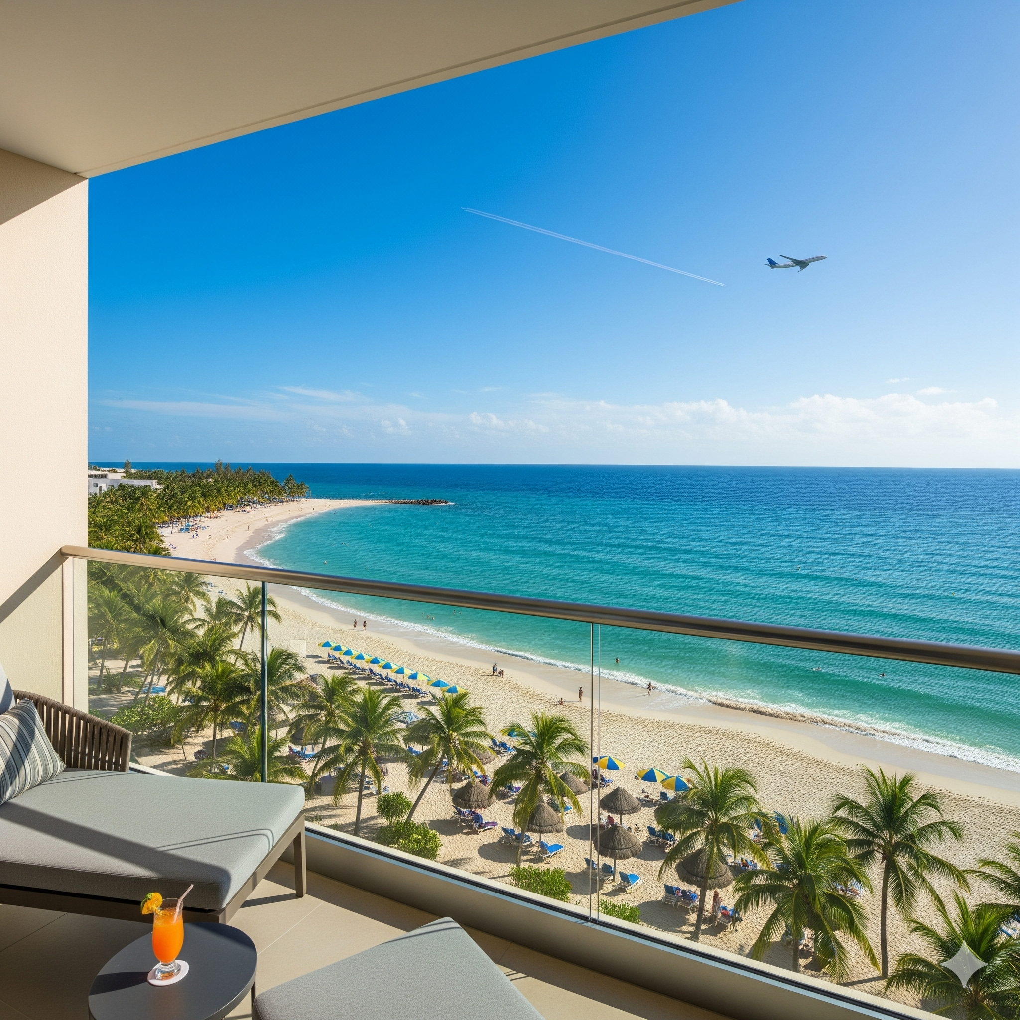 Avión volando sobre un resort de lujo